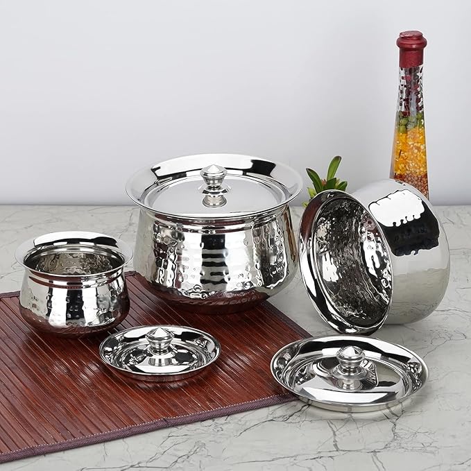 Stainless Steel Hammered Handdi Set with Lid Silver 3 Piece Set 460ml 950ml &amp 1700ml Handcrafted Kitchen Cookware