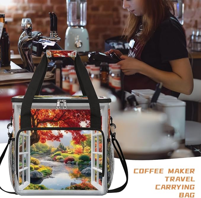 Window Scenery Maple Leaves Lake Coffee Maker Carring Bag Travel Carrying Storage Tote Bag Compatible with Keurig K-Mini or K-Mini Plus Portable Single Serve Coffee Brewer Case with Pockets