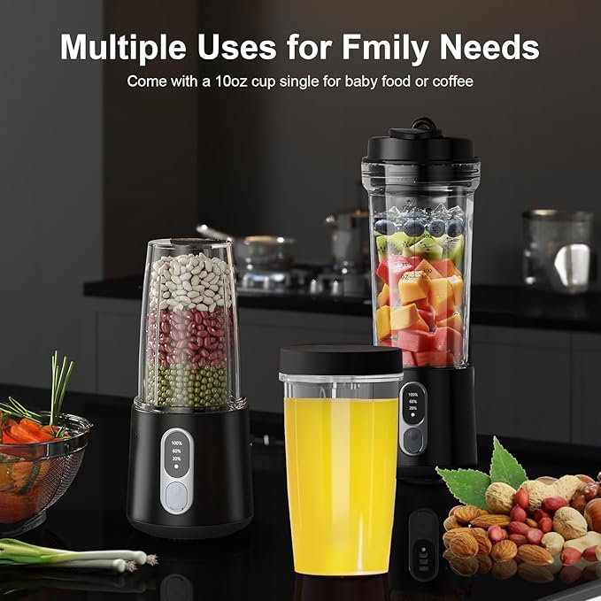 Portable Blender for Smoothies and Shakes 2 Portable Blender Cups 17 &amp10 oz Cordless Personal Small Blender with Straw Brush&ampLid USB-C Rechargeable Quiet Mini Travel Blender Black