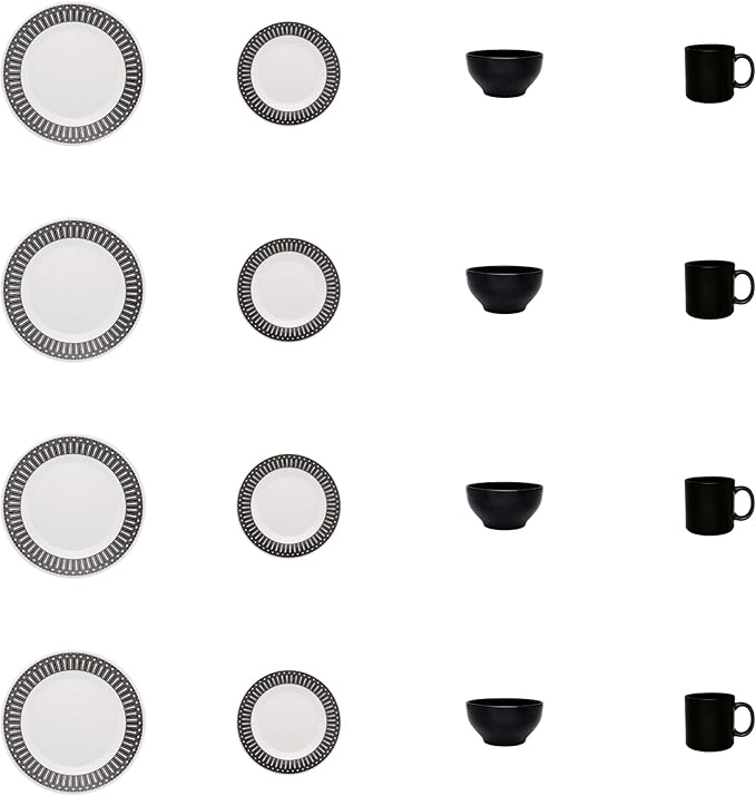 Manhattan Comfort Biona 16 Piece Ceramic Dinnerware Set Service for 4 Scratch-Resistant Oven &amp Microwave Safe Smooth &amp Durable Dishes with Elegant Geometric Patterns Black/Ivory