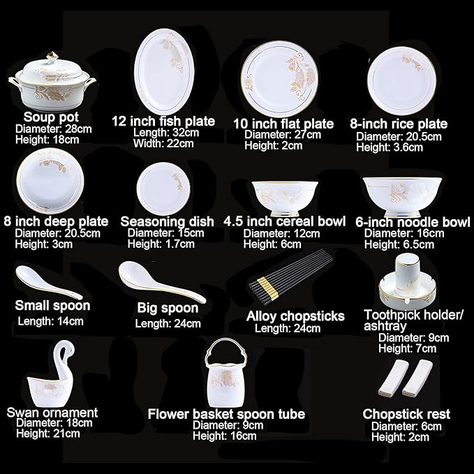 70 Pieces Dinnerware Set for 10White Porcelain Kitchen Bone China Dinner Combi-Set with Cereal Bowls Dessert Plates Dishes and Soup Plates Dinner Plates and Soup Pot with Gold Ri