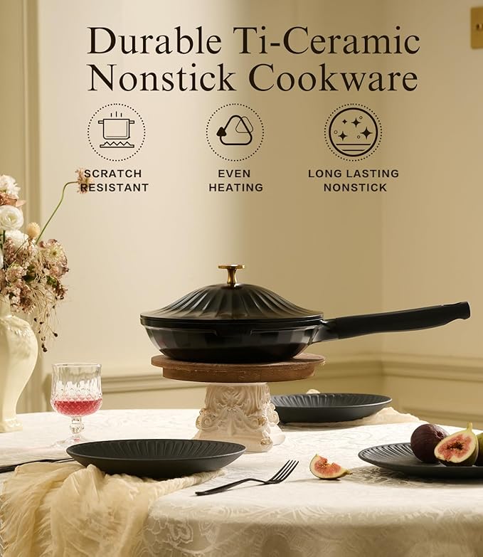 Nonstick Ceramic Cookware Set (7 Piece)–Titanium Cast Aluminum Pots and Pans Set with Lids Non Toxic PFAS-Free Compatible with All Stovetops–Jet Black