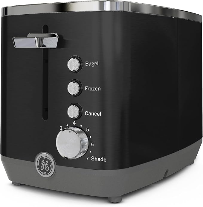 GE 2 Slice Black Stainless Steel Toaster Extra Wide Slots for Toasting Bagels Breads Waffles &amp More 7 Adjustable Shade Settings Removable Crumb Tray Countertop Kitchen Essentials 850 Watts