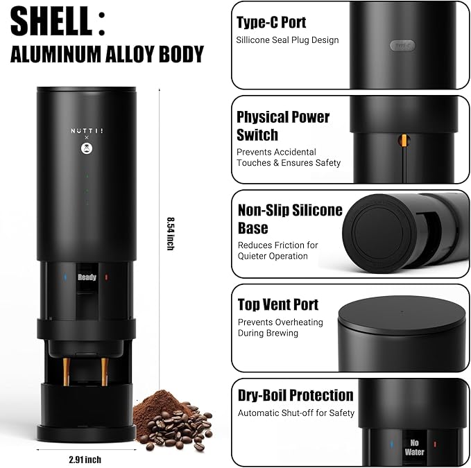 Nuttii E-Coffee Portable Espresso Machine 20 Bar Self-Heating Travel Coffee Maker Precise Pressure Control for Golden Extraction Supports Ground &amp Capsule Coffee for RV Camping &amp Office (B