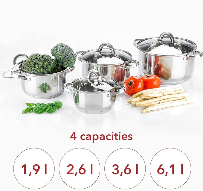 FLORINA 8-Piece Stainless Steel Saucepan Set | Pots with Glass Lid | Induction Gas Electric Cooker Compatible