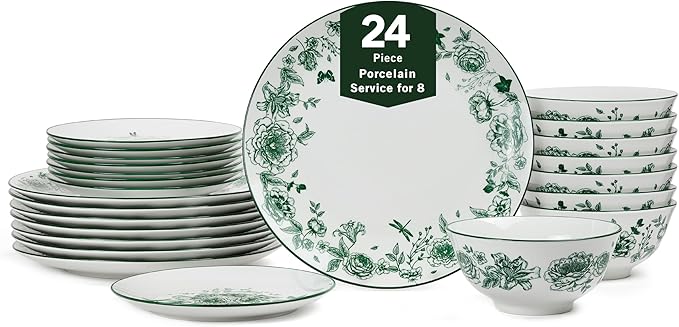 Stone Lain Esme 24-Piece Dinnerware Set Porcelain Plates and Bowls Set Dish Set for 8 Microwave and Dishwasher Safe Green