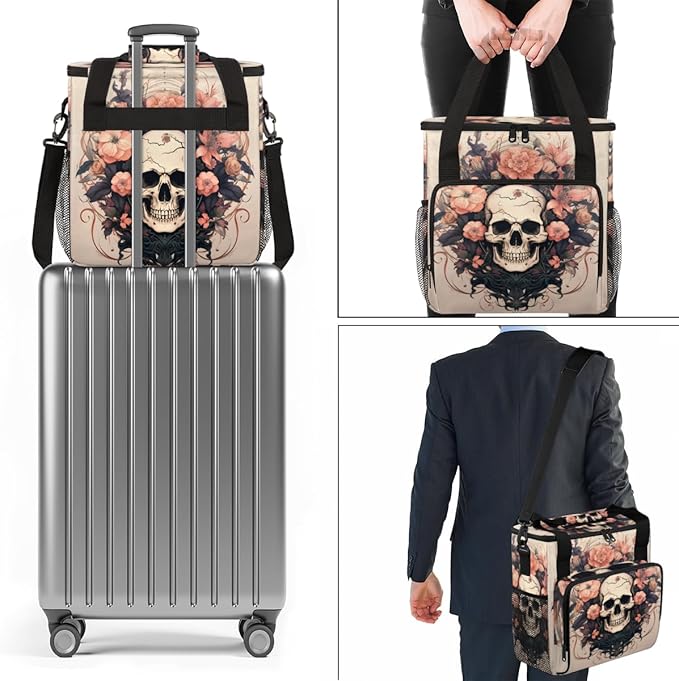 Skull Flowers Coffee Maker Carrying Bag Portable Travel Storage Tote Bag Compatible with K-Mini or K-Mini Plus Single Serve Coffee Brewer Carrying Case with Multiple Pockets &amp Shoulder Strap