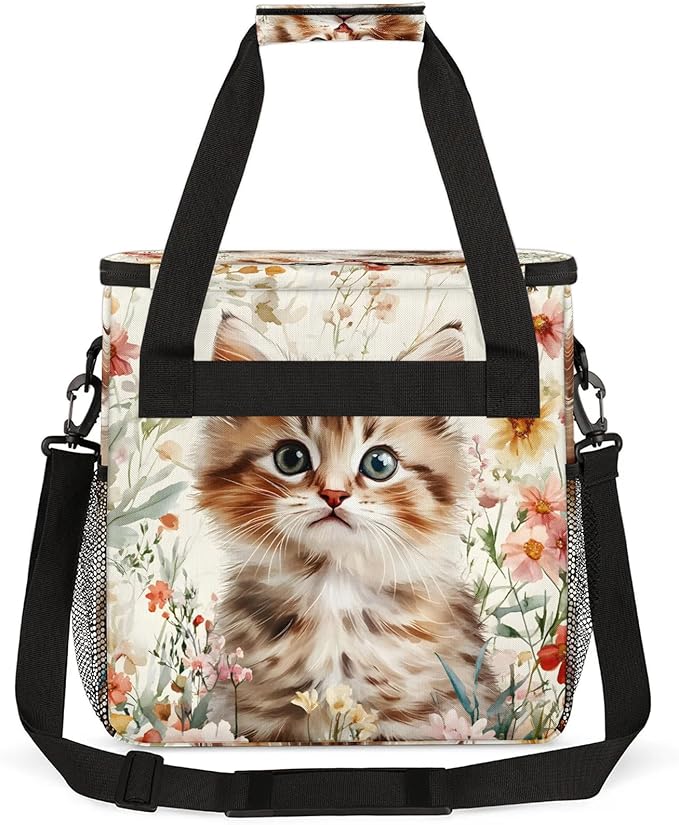 Cat Floral Coffee Maker Travel Bag Cute Cat Insulated Grocery Bag Travel Picnic Leakproof Cooler Bags With Shoulder Strap