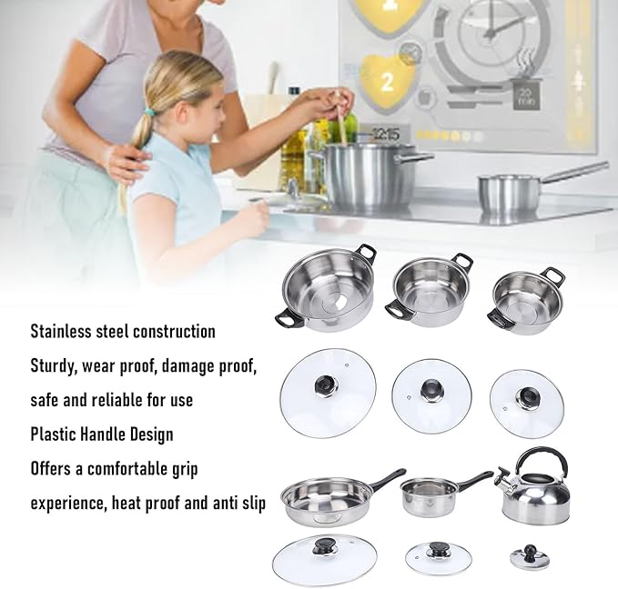Yosoo Stainless Steel Cooking Set Kitchen Pots and Pans Set with Tea Kettle Glass Lids for Frying Boiling Stewing