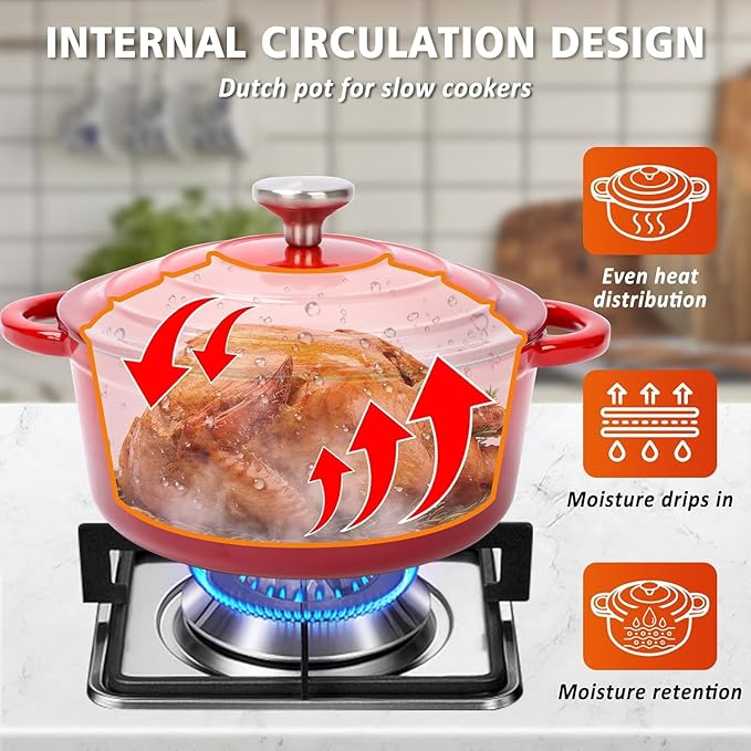 Hisencn Enameled Cast Iron Cookware Set - 7 Piece Dutch Ovens Set Sauce Pan Skillet 3 Lids Pots and Pans Set Ceramic Coated Cast Iron Heavy Duty Gas/Induction Compatible PFA Free Rouge Red