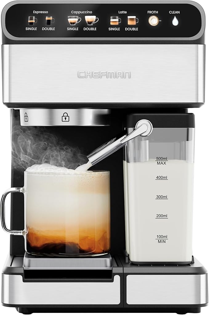 Chefman CaféMaster Pro Espresso Machine Brew Single or Double Shots Coffee Maker with Built-In Milk Frother for Cappuccino &amp Latte XL 1.8 Liter Removable Water Reservoir - Stainless Steel