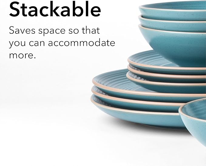 RINGAR Round Stoneware 16pc Dinnerware Set of 4 Dinner Plates Side Plates Cereal Bowls Mugs - Speckle Matte Turquoise (428693)