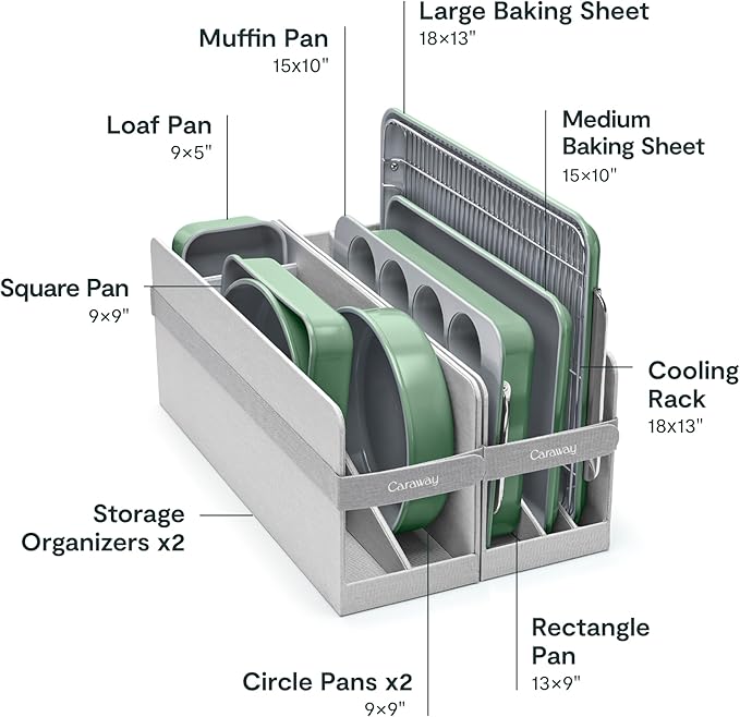 Caraway 23-Piece Nonstick Ceramic Cookware &amp Bakeware Set – Pots Frying Pans Lids Baking Sheets Pans Cooling Rack &amp Storage – Oven Safe Non-Toxic – Compatible with All Stovetops - Sage