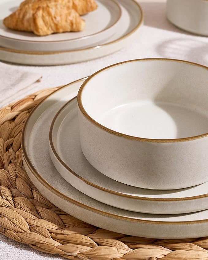 Famiware Nebula Plates and Bowls Sets 24 Pieces Stoneware Dinnerware Sets Reactive Glaze Dish Set Dishes Set for 8 Matte Beige White with Brown Rim