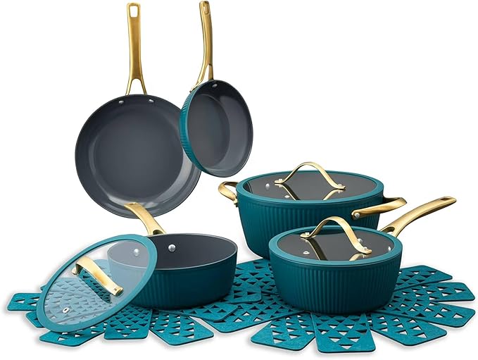 12 Pc Ceramic Cookware Set Nonstick Pots Pans and Fry Pans – Ceramic Non-Stick Ribbed Cookware Set Ergonomic Stay Cool Handles 446°F Oven Safe Dishwasher Safe (Peacock Blue)