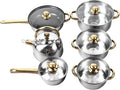 12Pcs Kitchen Pots Set Stainless Steel Golden Handle Smoothing Sturdy Easy to Clean Cookware Set for Home Cooking