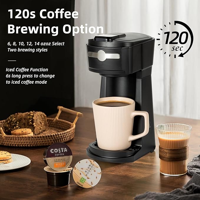 Single Serve K Cup Coffee Maker 2 in 1Machine6 to 14 0z Brew SizesAuto Shut Off&amp Reusable FilterUse Coffee Capsule&ampGroundCoffee&ampLoose Leaf TeaIced CoffeeBlack