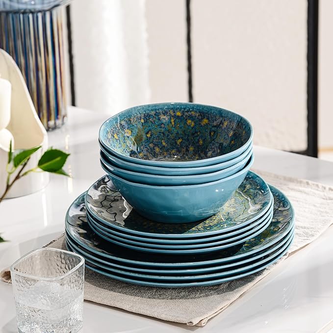 FINE&ampNICE Melamine Dinnerware Set of 12Pcs Dish Set for 4 Lightweight Unbreakable Plates and Bowls Set Great for RVs Camping Dishwasher SafeRusty Blue