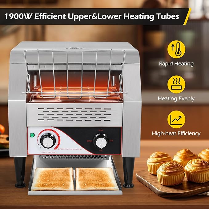 Dyna-Living Commercial Toaster 300 Slices/Hour Conveyor Toaster Commercial 1900W Heavy-duty Stainless Steel Rotating Toasters Oven for Restaurant Conveyor Belt Toasters for Bun Bagel Bread
