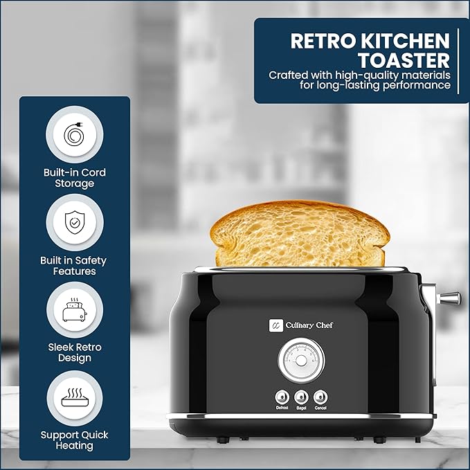 Frigidaire ETO102-WHITE 2 Slice Toaster Retro Style Wide Slot for Bread English Muffins Croissants and Bagels 5 Adjustable Toast Settings Cancel and Defrost 900w Black