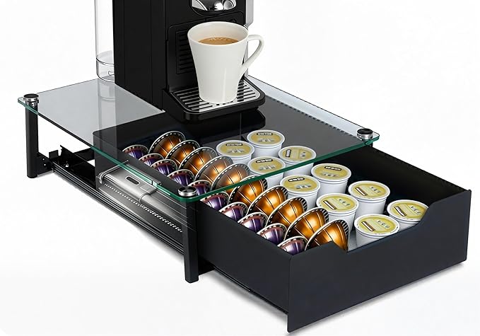 Elegant Coffee Pod Holder with Rail Drawer for Nespresso - 40-Pod Capacity for Nespresso Vertuoline &amp K-Cup Capsule - Tempered Glass and Anti-Slip Base Metal Coffee Pods Organizer