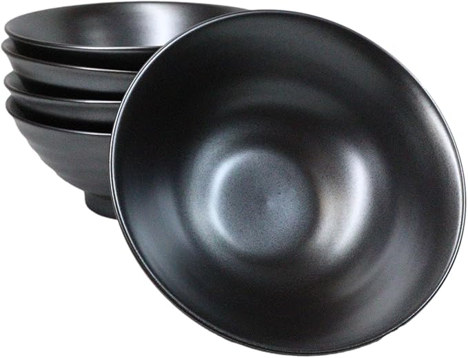Ebros Gift Iron Black Clay Underglaze Technique Tetsu Kesho Porcelain Dinnerware Kitchen Set Asian Japanese Restaurant Supply (Pack Of 5 Large Salad Pho Ramen Soup Bowl 40oz)