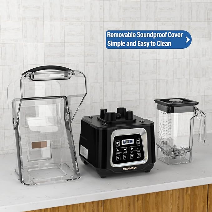 CRANDDI Commercial Smart Smoothie Blender - 2200W High-Power Professional Blenders for Smoothies &amp More 4 Pre-Set Programs Quiet Blender with Removable Shield 52oz Jar 120V K80TS (Black)