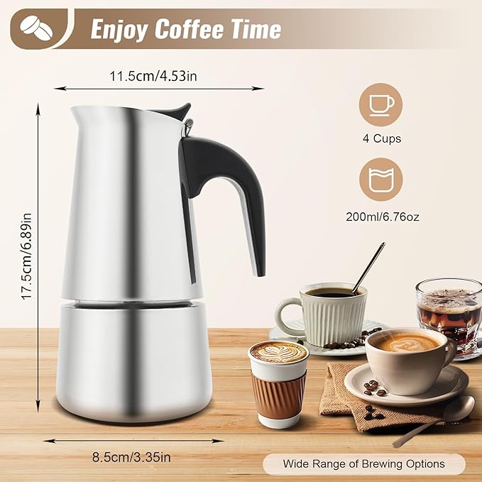 200ml Moka Pot Coffee Maker Stainless Steel 4-Cup Mini Coffee Machine Quick Brew with 5 Gears 32-392℉ Cafe Percolator Hot Water Urn for Offices Catering Church