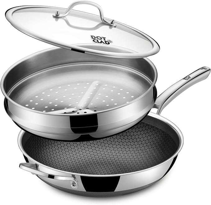 13 Inch Hybrid Stainless Steel Wok with Lid and Steamer Basket Non Stick Stir Fry Pan PFOA-Free Works on Induction Dishwasher &amp Oven Safe