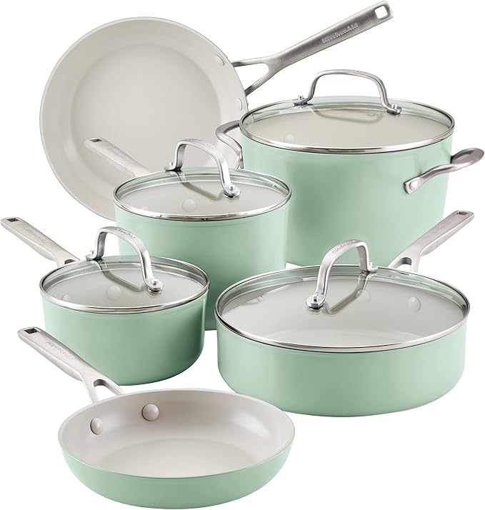 KitchenAid Hard Anodized Ceramic Nonstick Cookware/Pots and Pans Set 10 Piece - Pistachio