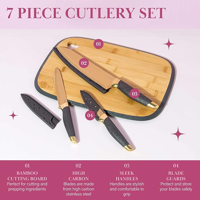 Paris Hilton Reversible Bamboo Cutting Board and Cutlery Set with Matching High Carbon Stainless Steel Knives Blade Guards Sleek Yet Comfortable Handle Grips 7-Piece Set Gold Charcoal Gray
