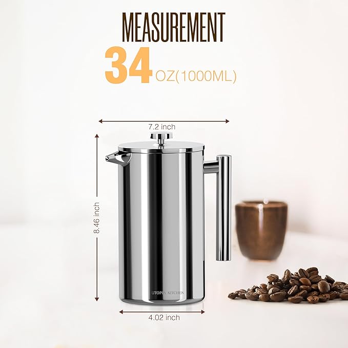 Utopia Kitchen 304 Grade Stainless Steel French Press Coffee Maker 34 Oz Double Wall Insulated Coffee Press with 4-Level Filtration System Include 2 Extra Filters Rust-Free Dishwasher Safe Silver