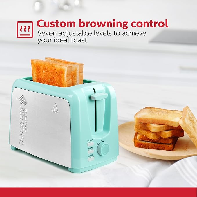 Holstein Housewares 2-Slice Toaster with 7 Browning Settings Extra-Wide Slots Reheat Defrost Cancel High-Lift Release Removable Crumb Tray – Compact Stainless Steel Mint