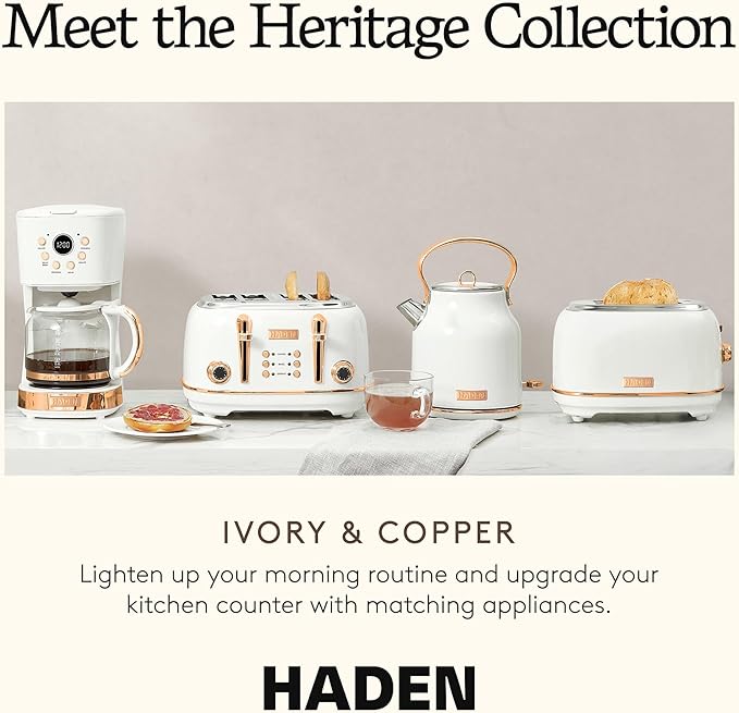 Haden Heritage 2-Slice Wide-Slot Toaster Stainless-Steel Bread Toaster with Adjustable Browning Control Crumb Tray &amp Non-Slip Feet Ivory &amp Copper