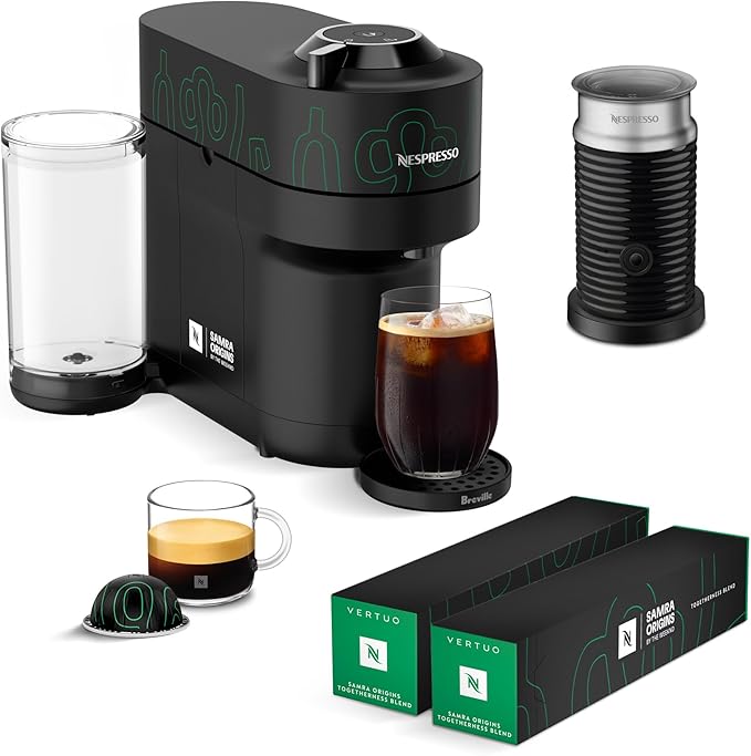 Nespresso Vertuo Pop+ Coffee and Espresso Maker by Breville Samra Origins by The Weeknd Aeroccino3 Milk Frother and Togetherness Blend Double Espresso Light Roast 20-Count Coffee Pods