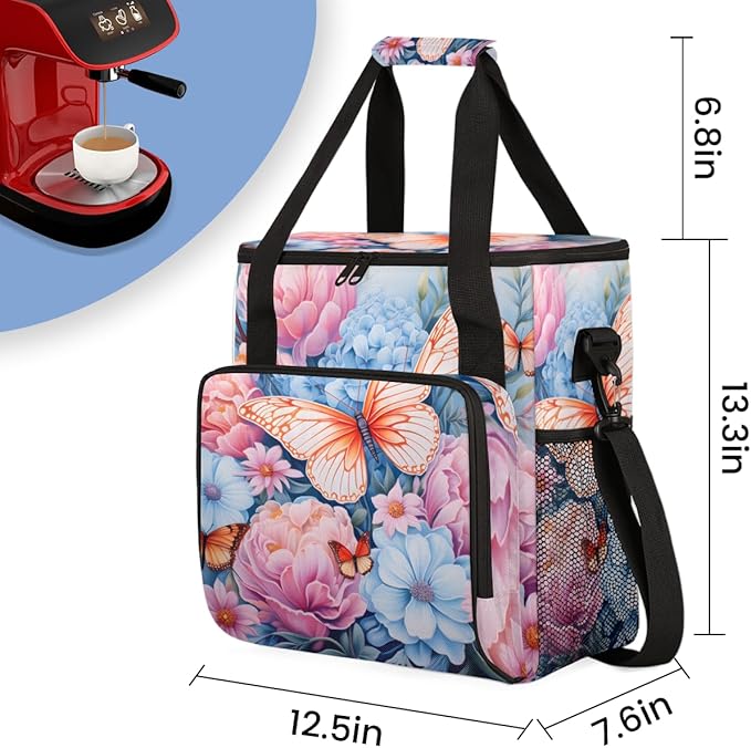 Flowers Butterfly Coffee Maker Carrying Bag Artistic Butterfly Travel Storage Bag Compatible with K-Mini or K-Mini Plus Single Serve Coffee Brewer Carrying Case with Pockets &amp Shoulder Strap