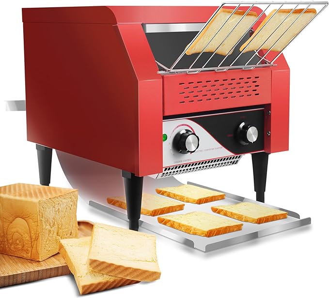 Commercial Conveyor Toaster 300 Slices/Hour Red Conveyor Toaster 3 Modes/7 Speeds Stainless Steel Tabletop Toaster for Toast Bagels and Other Baked Breads
