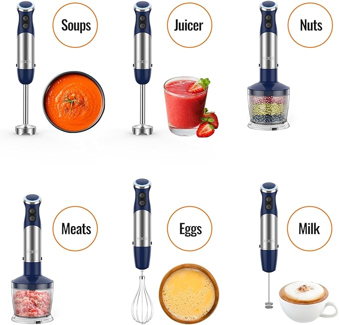 KOIOS 5-in-1 Hand Immersion Blender 12 Speed Adjustable Emulsifier Handheld Blender 1000W Copper Motor Stainless Steel Blade Hand Mixer with attachments Blue