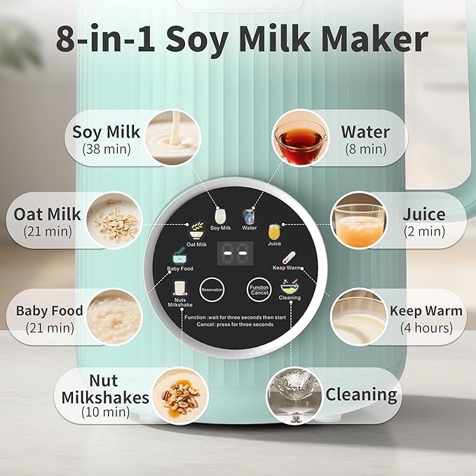 35oz Soy Milk Maker Machine: 8-in-1 Nut Milk Maker for Oat Milk Vegan Drinks Baby Food Blender - Plant-Based Milk Machine with Stainless Steel LED Touch Auto Shutoff (Green)