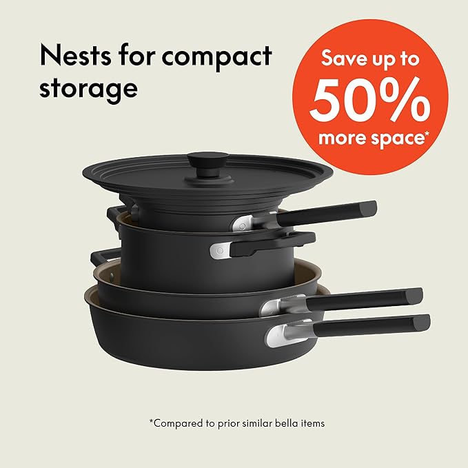 bella 9 Piece Ceramic Nonstick Cookware Set Fits-anywhere™ Kitchenware w EverGood™ Coating Dishwasher &amp Oven Safe All Stovetops Compatible Stackable Design Cool Touch Handles Black