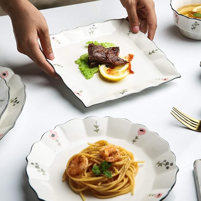 Ceramics Dinner Sets 38 Pieces Petal Shape Porcelain Dinnerware Set | Cereal Bowl and Steak Plate for Family Gathering and Wedding Gifts