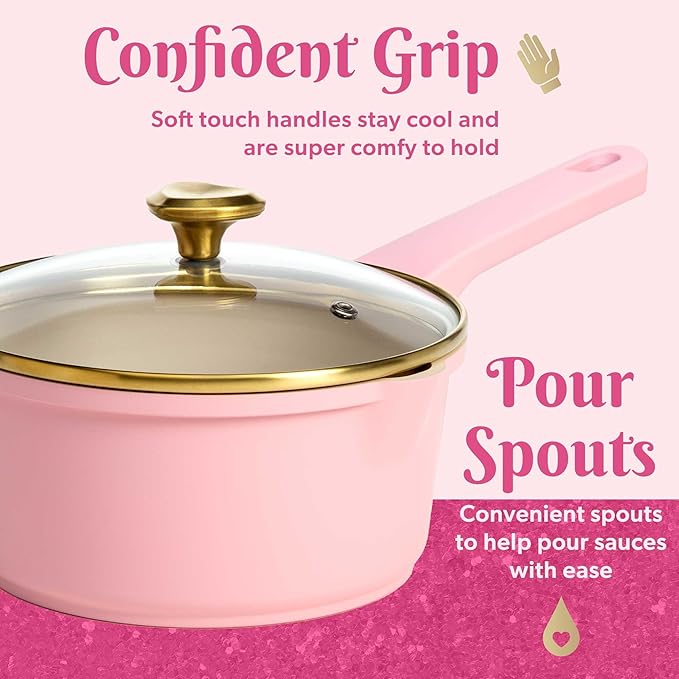 Paris-Hilton 10-Piece Nonstick Cast Aluminum Cookware Set with Ceramic Coating &amp Heart-Shaped Knobs – Durable Easy-Clean Pots &amp Pans with Lids for Stylish Home Cooking (Pink)