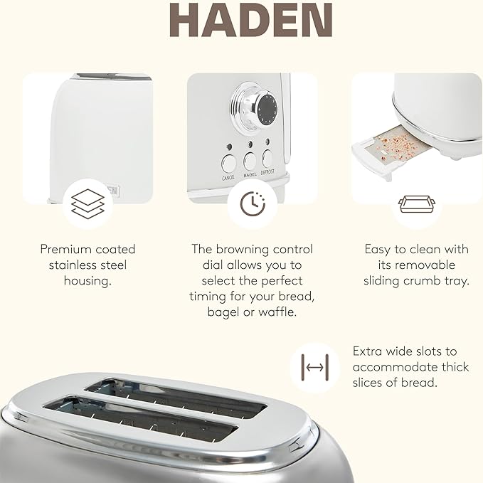 Haden Heritage 1.7 Liter Stainless Steel Body Retro Electric Tea Kettle with 2 Slice Wide Slot Stainless Steel Bread Toaster White