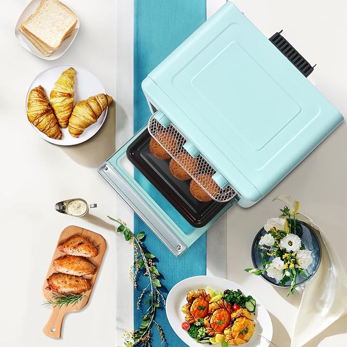 Novaspark Air Fryer Toaster Oven Combo Retro Convection Oven Countertop16QT Small Toaster Oven 4-slices or 9 PizzaBakeToastBroil Air Fry Rapid Heating Mini Conventional Oven Non-Stick Blue