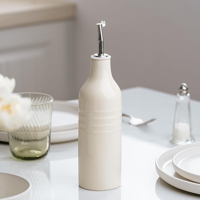 Jupiter 12 Pieces Dishes Set and 1 Piece 16 oz Oil Dispenser for Kitchen Vanilla White