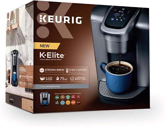 Keurig K-Elite Single Serve K-Cup Pod Coffee Maker with Strength and Temperature Control Iced Coffee Capability 8 to 12oz Brew Size Programmable Brushed Silver