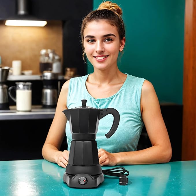 Cafetera Espresso Maker 6 Cup Portable Coffee Machine 300ml Portable Cafeteras Electricas Modernas Electric Moka Pot with Detachable Base &amp Overheat Protection Coffee Gift for Home Travel