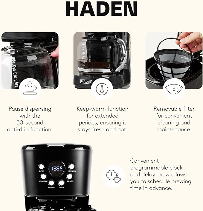 Haden Coffee Machine 12 Cup Programmable Drip Coffee Maker with Auto Shut-Off Function and Reusable Washable Water Filter Black &amp Chrome