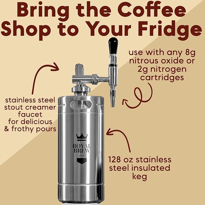 The Original Royal Brew Nitro Cold Brew Coffee Maker - Gift for Coffee Lovers - 128 oz Extra Large Home Keg Nitrogen Gas System Coffee Dispenser Kit