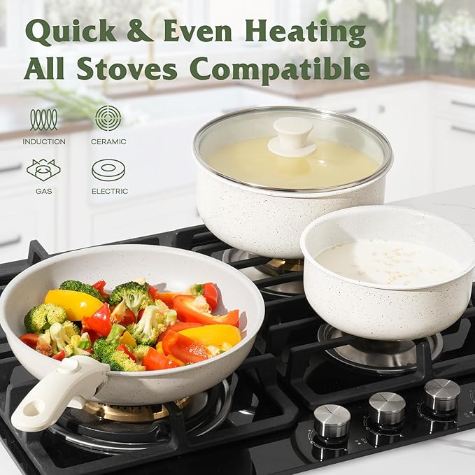 18 Pcs Pots and Pans Set Non Stick Cookware Sets with Detachable Handle Nonstick RV Kitchen Cooking Tools Removable Handles Oven Safe Induction Fast Stackable Induction Cookware White